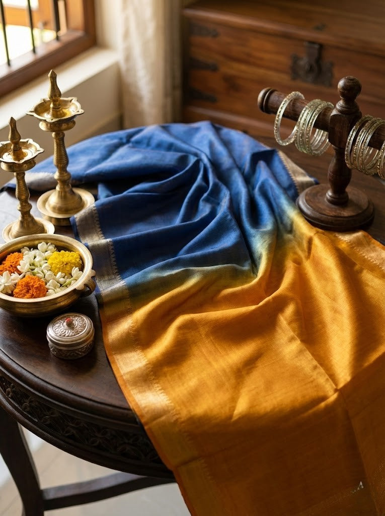 Blue and Orange Bhagalpuri Munga Silk
