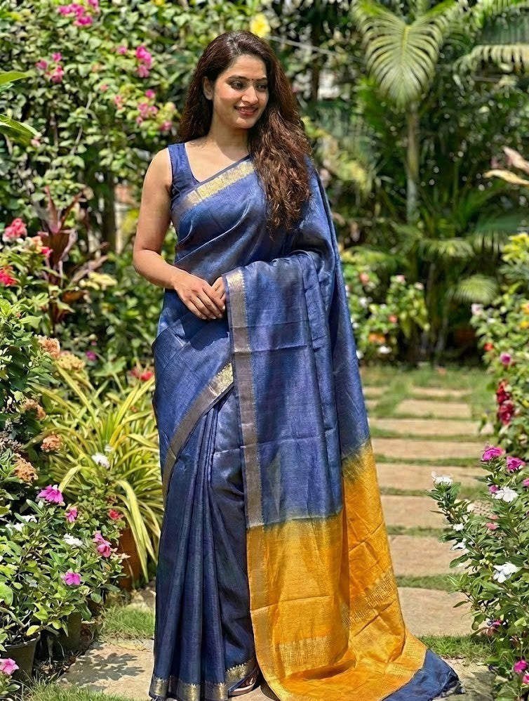 Blue and Orange Bhagalpuri Munga Silk