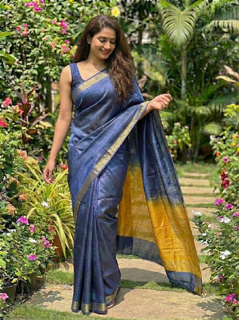 Blue and Orange Bhagalpuri Munga Silk
