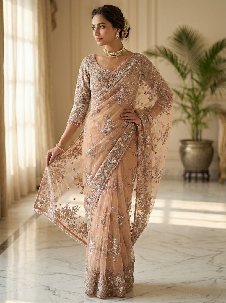 Beige Net Heavy Embroidery Saree with Readymade Blouse