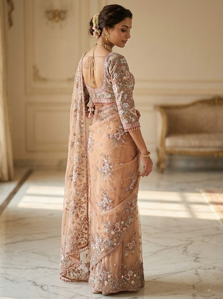 Beige Net Heavy Embroidery Saree with Readymade Blouse