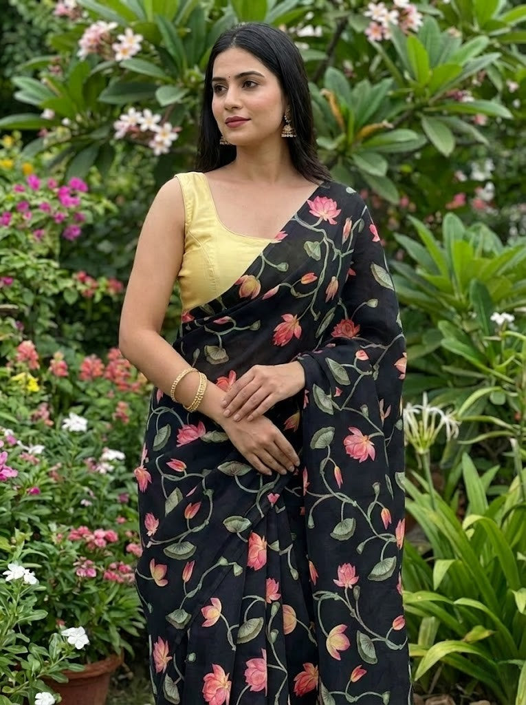 Black Pichwai Print Mul Chanderi Saree