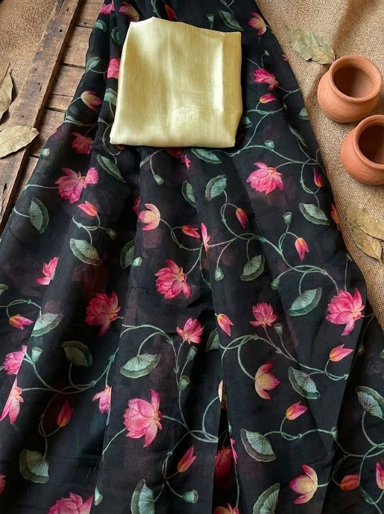 Black Pichwai Print Mul Chanderi Saree