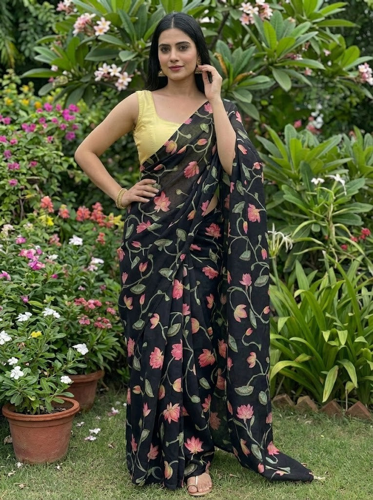 Black Pichwai Print Mul Chanderi Saree