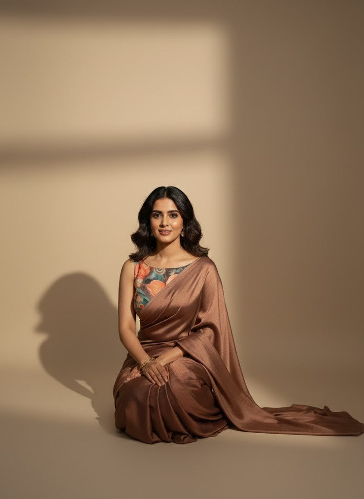 Brown Satin Chiffon Saree