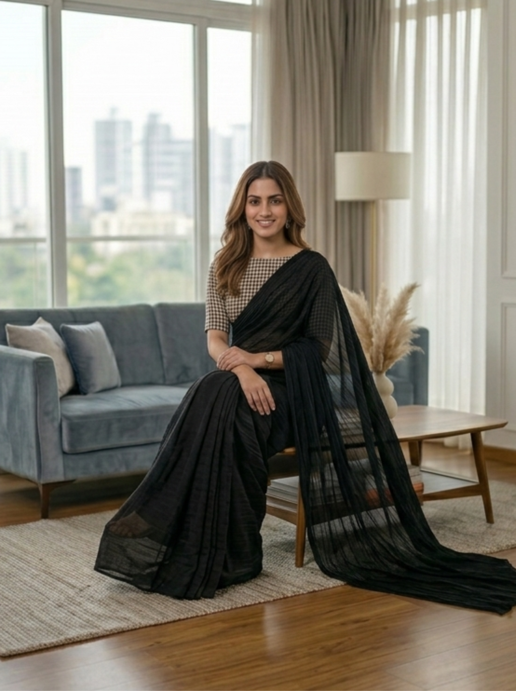 Black Semi Crushed Saree