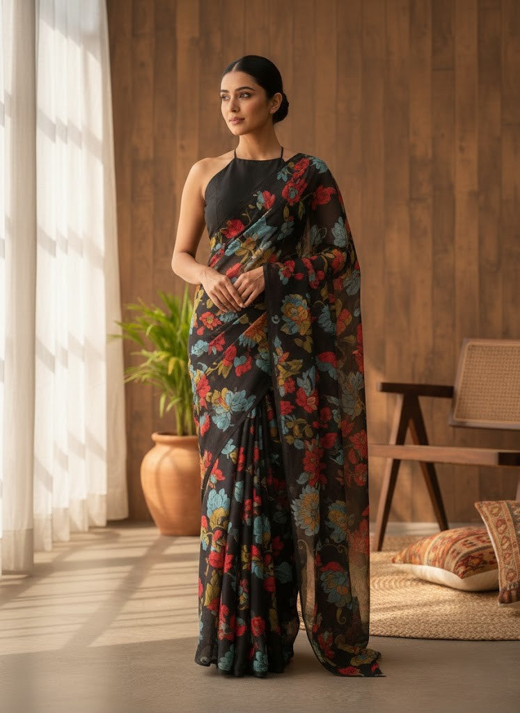 Black Gardenia Muslin Printed Saree