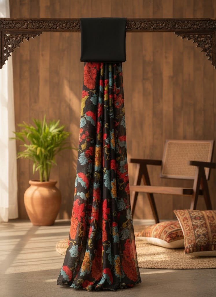 Black Gardenia Muslin Printed Saree