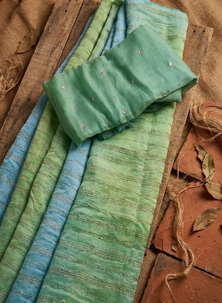 Green Blue Ombre Chanderi Silk Saree