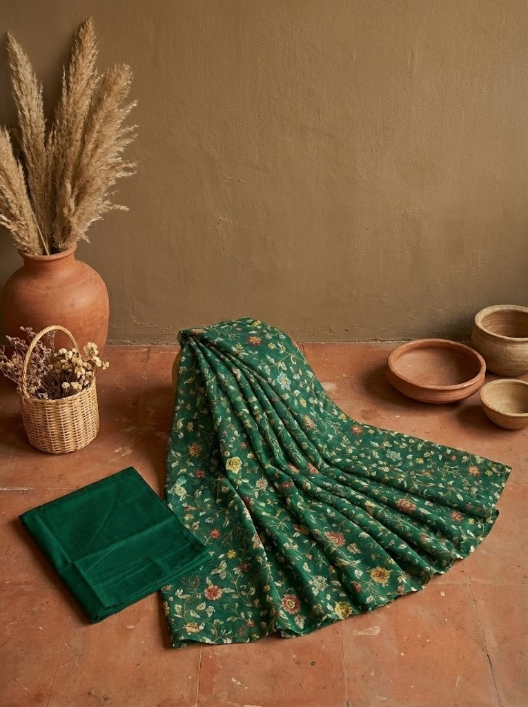 Green Floral Mul Chanderi Saree
