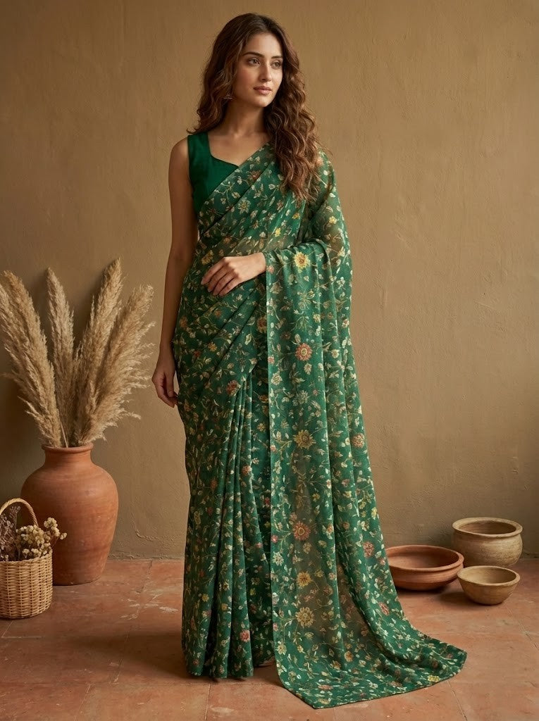 Green Floral Mul Chanderi Saree