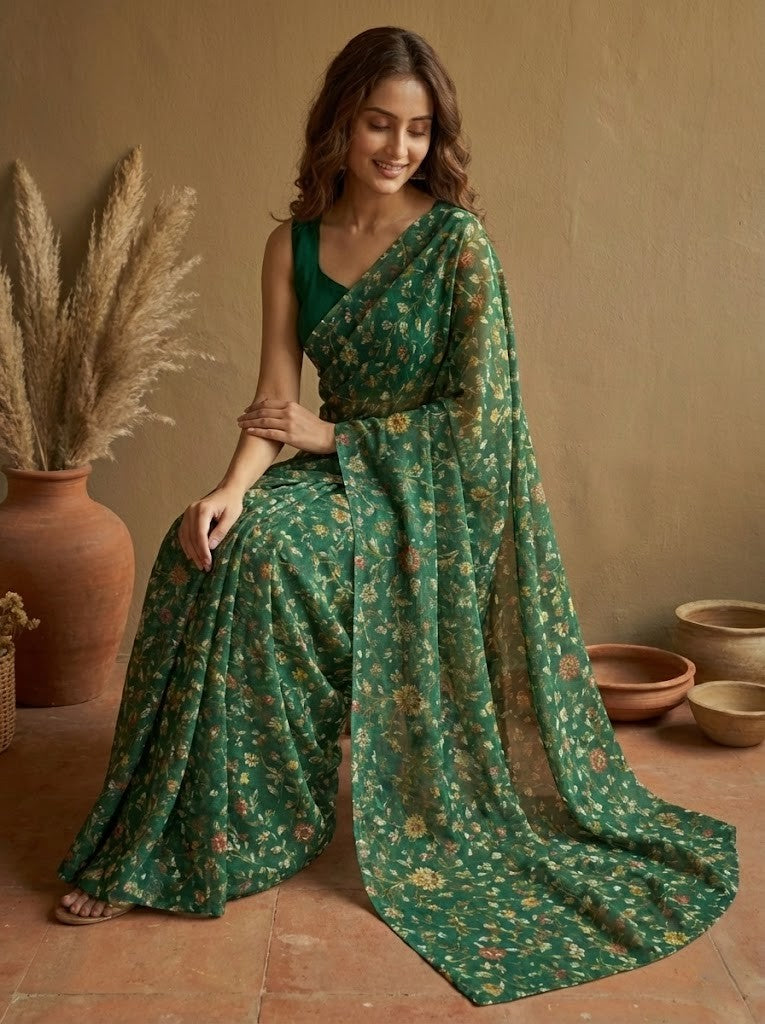 Green Floral Mul Chanderi Saree