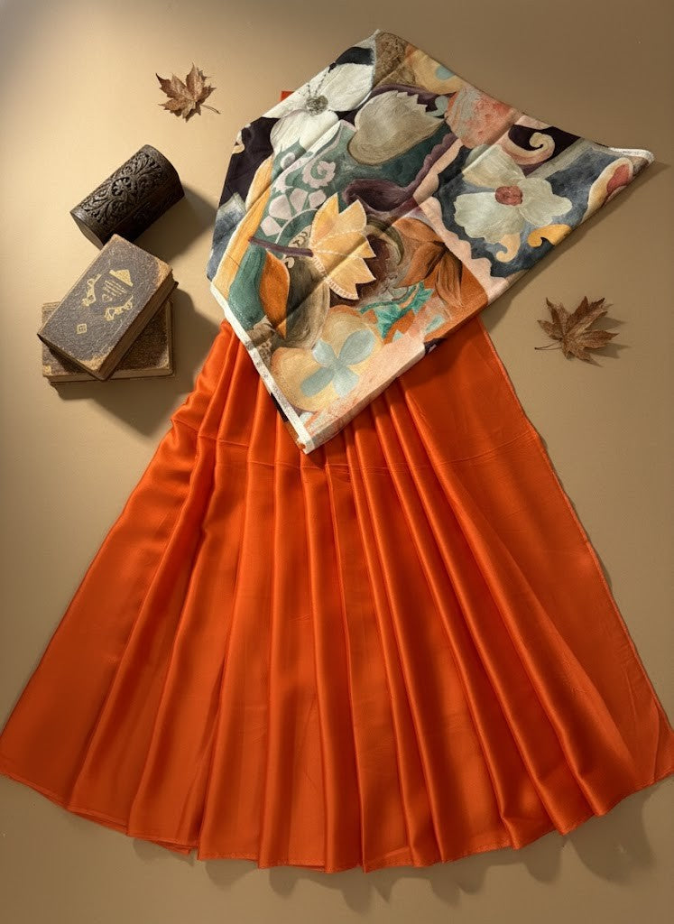 Rust Orange Satin Chiffon Saree