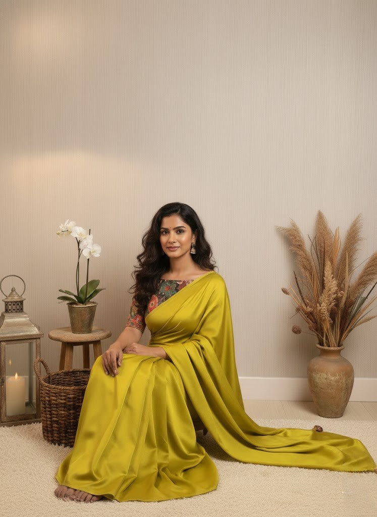 Lime Green Satin Chiffon Saree