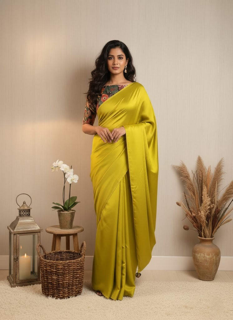 Lime Green Satin Chiffon Saree