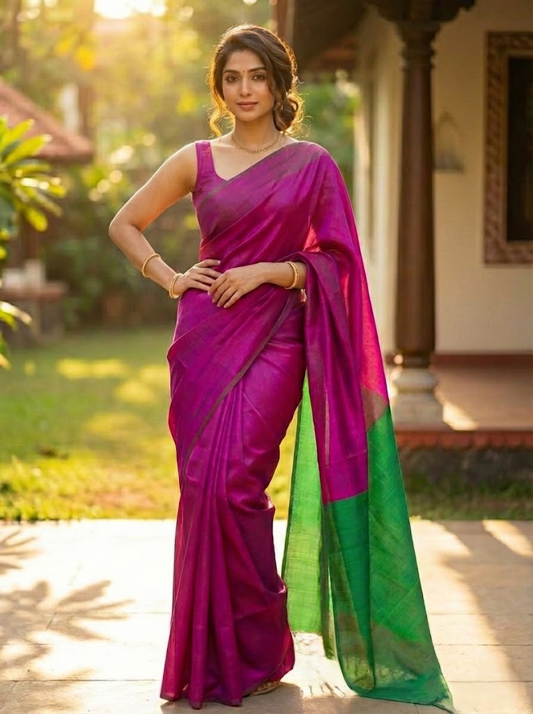 Magenta and Green Pure Silk Saree