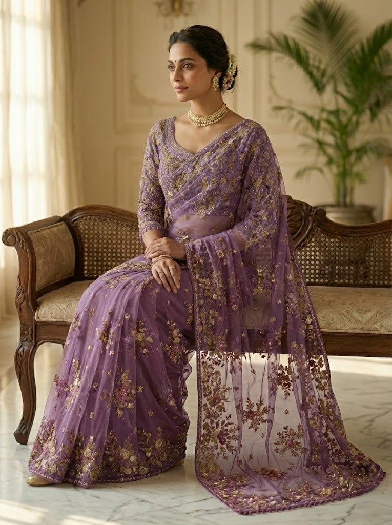 Lavender Net Heavy Embroidery Saree