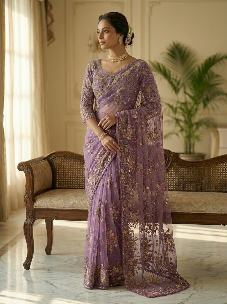 Lavender Net Heavy Embroidery Saree