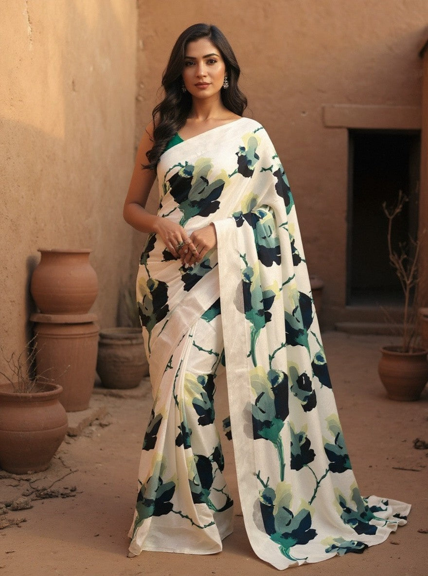 Ivory Verde Muslin Saree