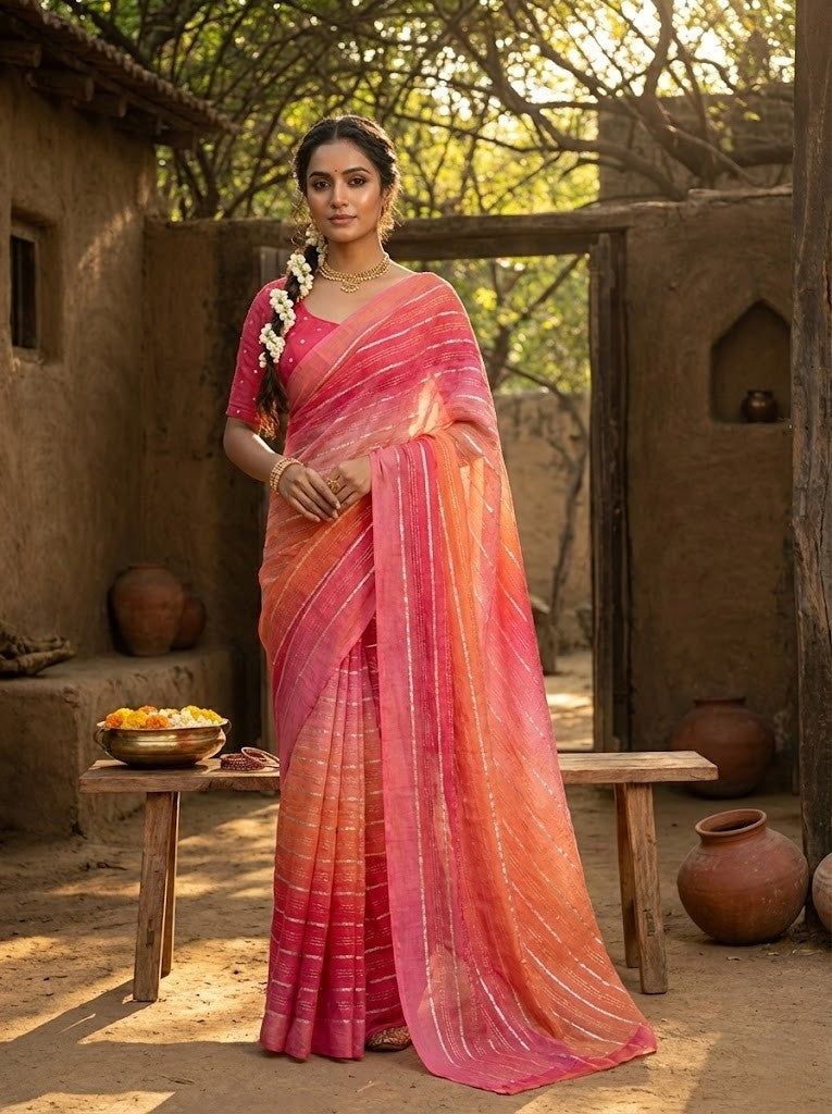 Pink Ombre Mul Chanderi Saree