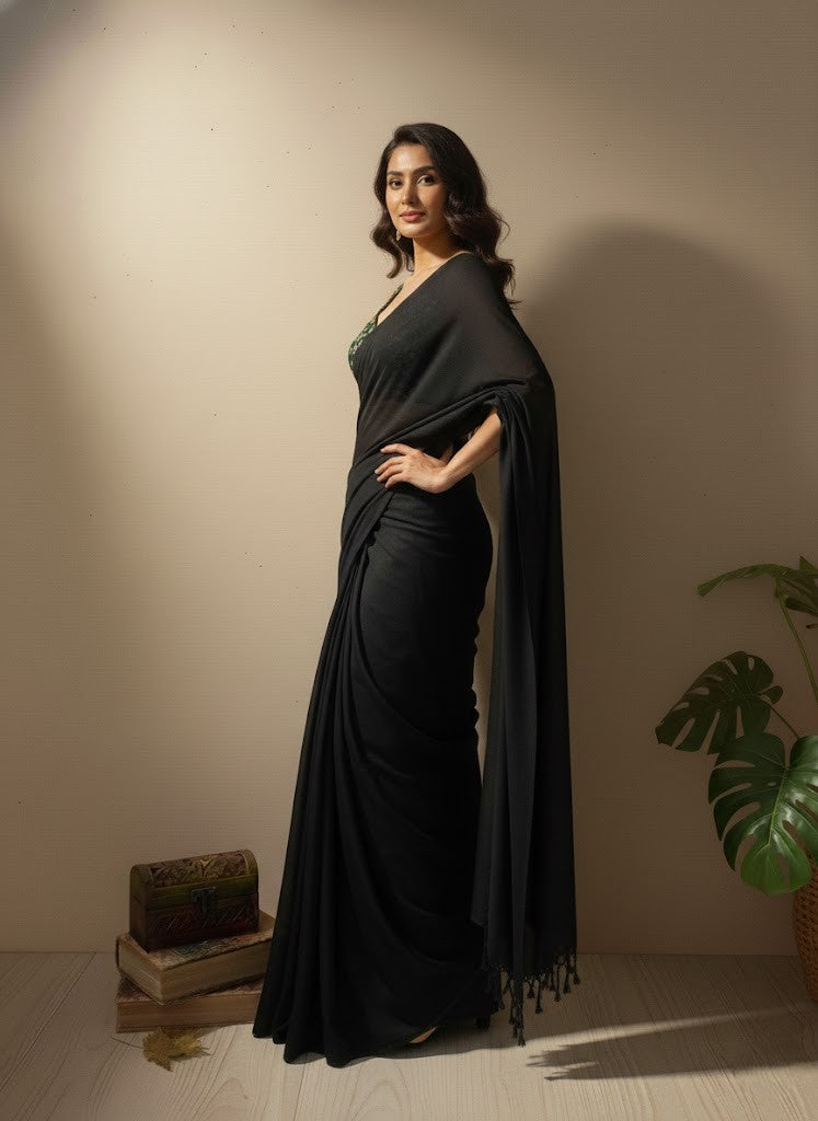 Black Satin Chiffon Saree