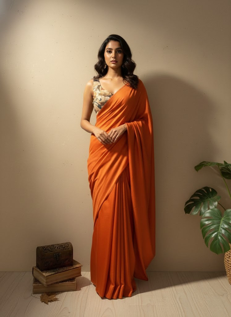 Rust Orange Satin Chiffon Saree