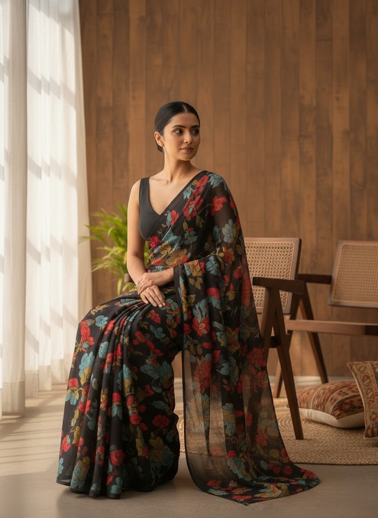 Black Gardenia Muslin Printed Saree