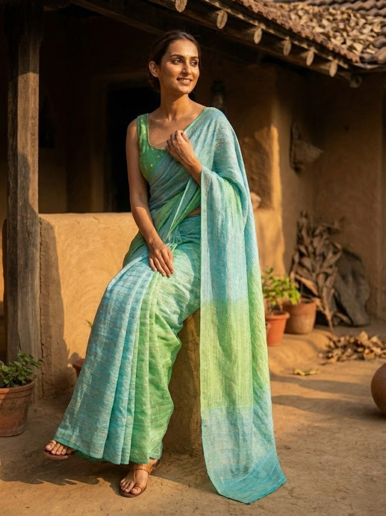 Green Blue Ombre Chanderi Silk Saree