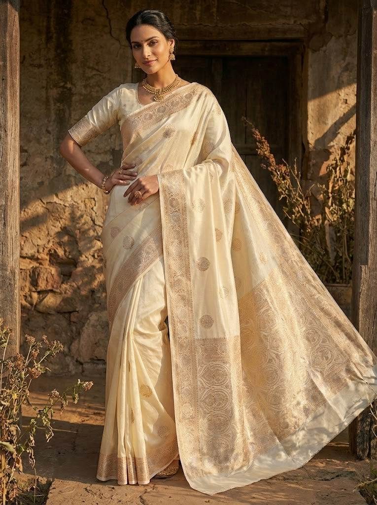 Ivory Tussar Silk Saree