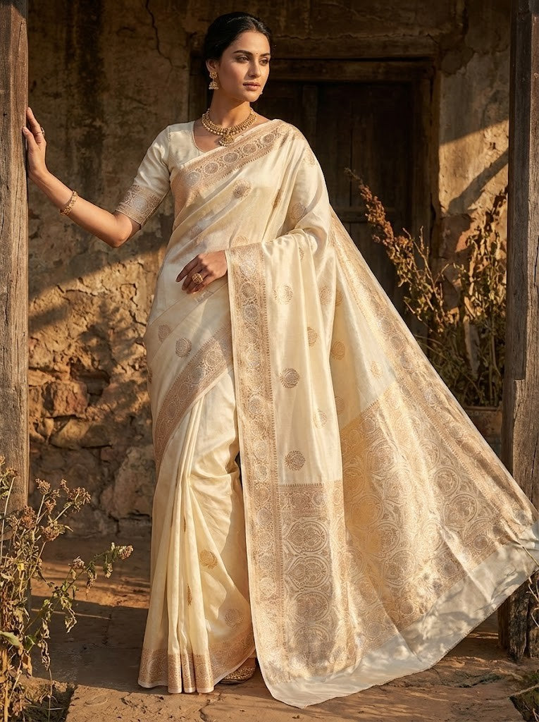 Ivory Tussar Silk Saree