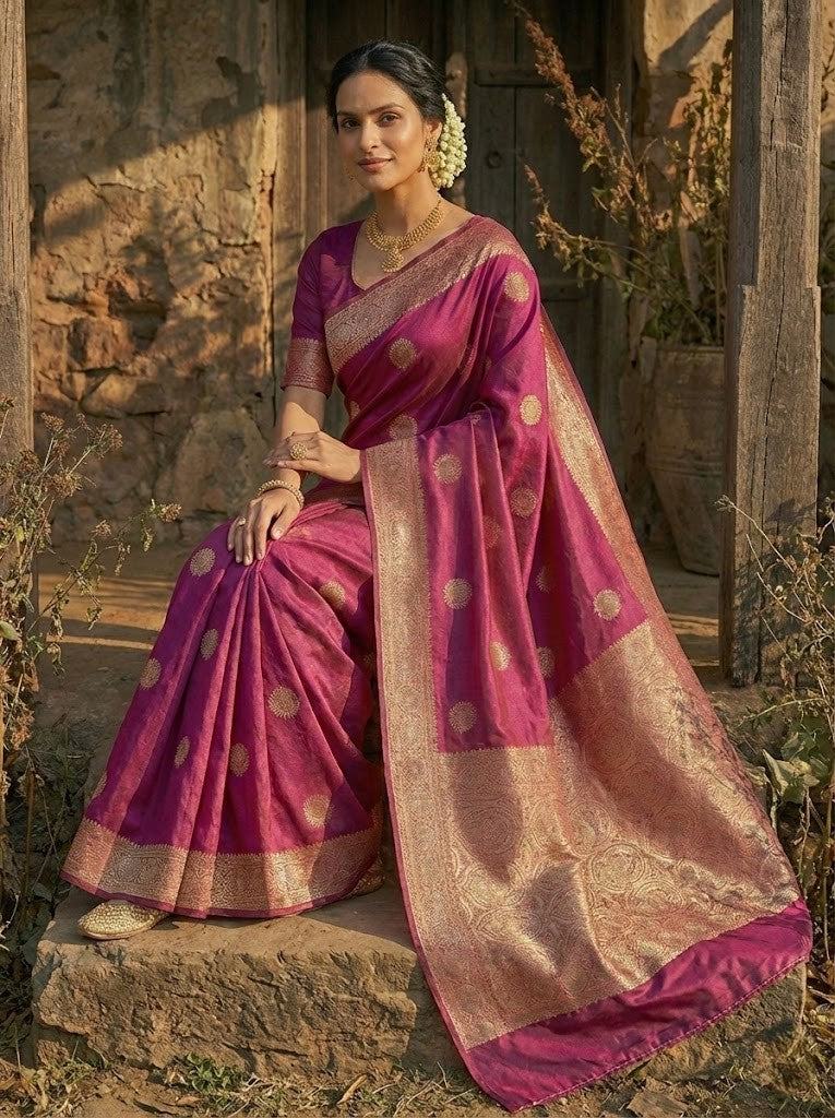 Magenta Tussar Silk  Saree