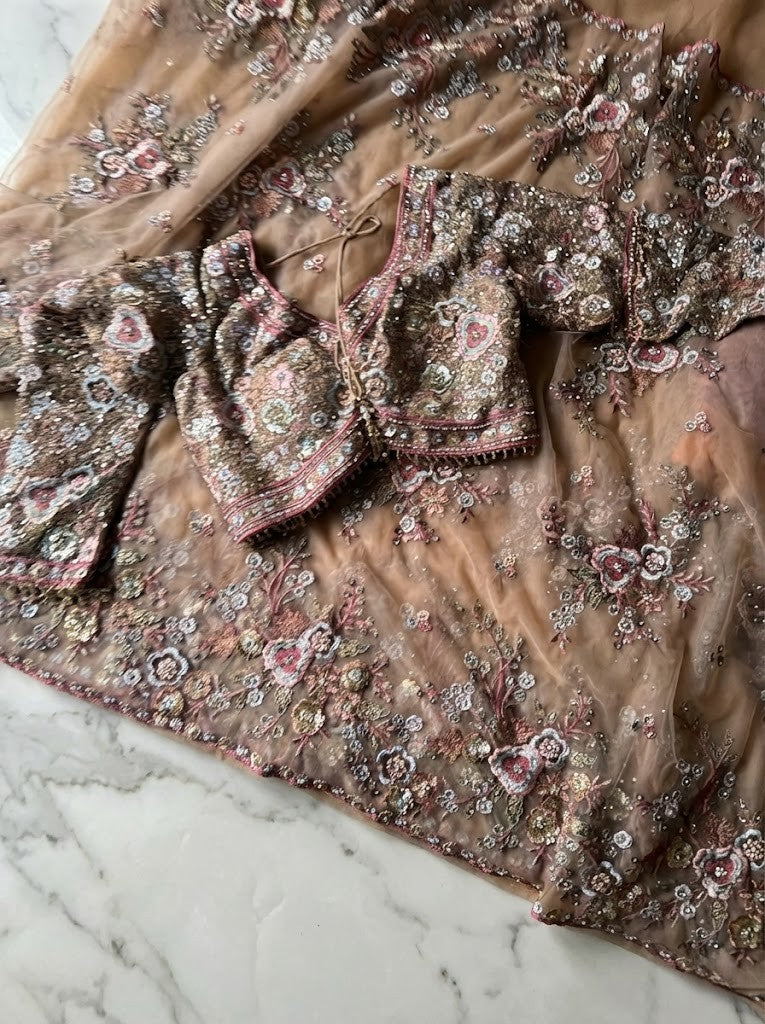 Beige Net Heavy Embroidery Saree