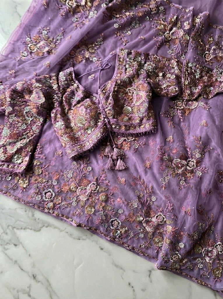 Lavender Net Heavy Embroidery Saree