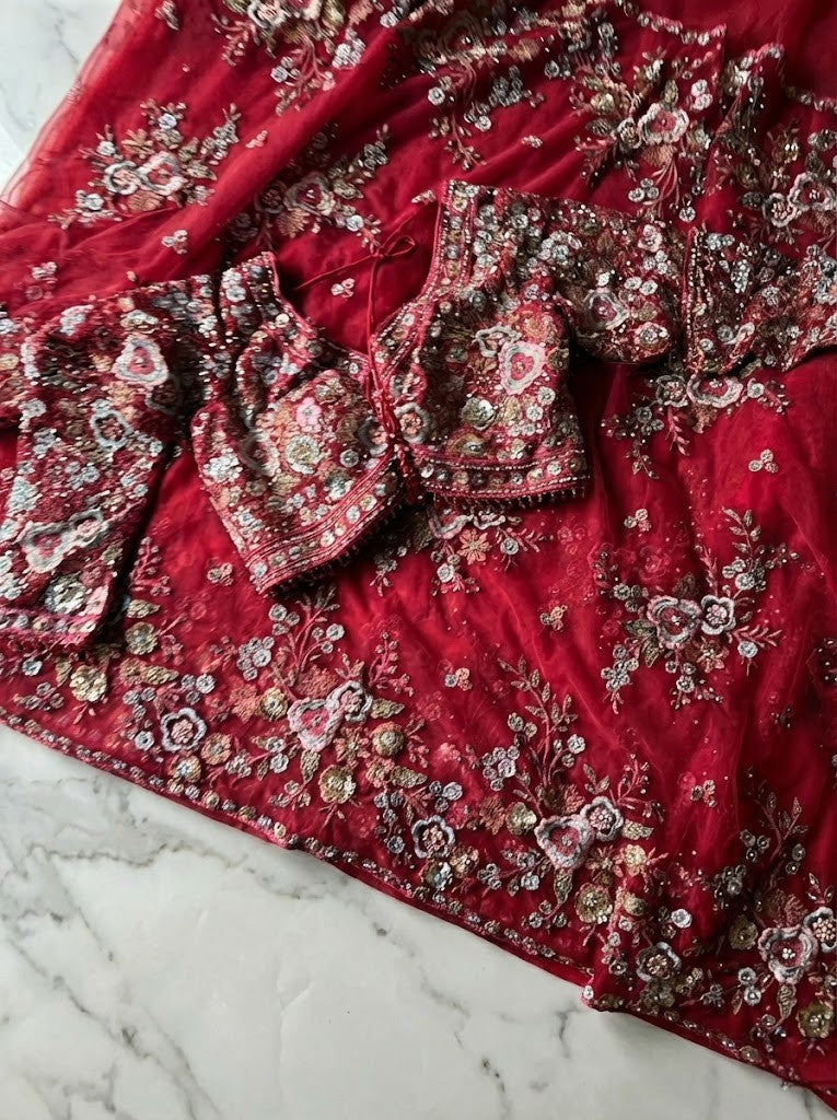 Red Net Heavy Embroidery Saree with Readymade blouse