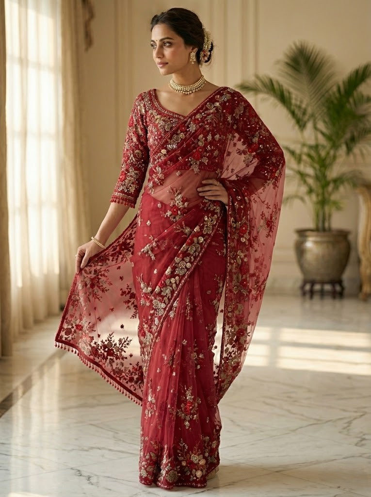 Red Net Heavy Embroidery Saree with Readymade blouse