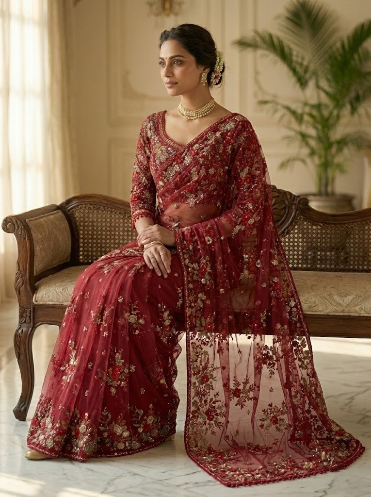 Red Net Heavy Embroidery Saree with Readymade blouse