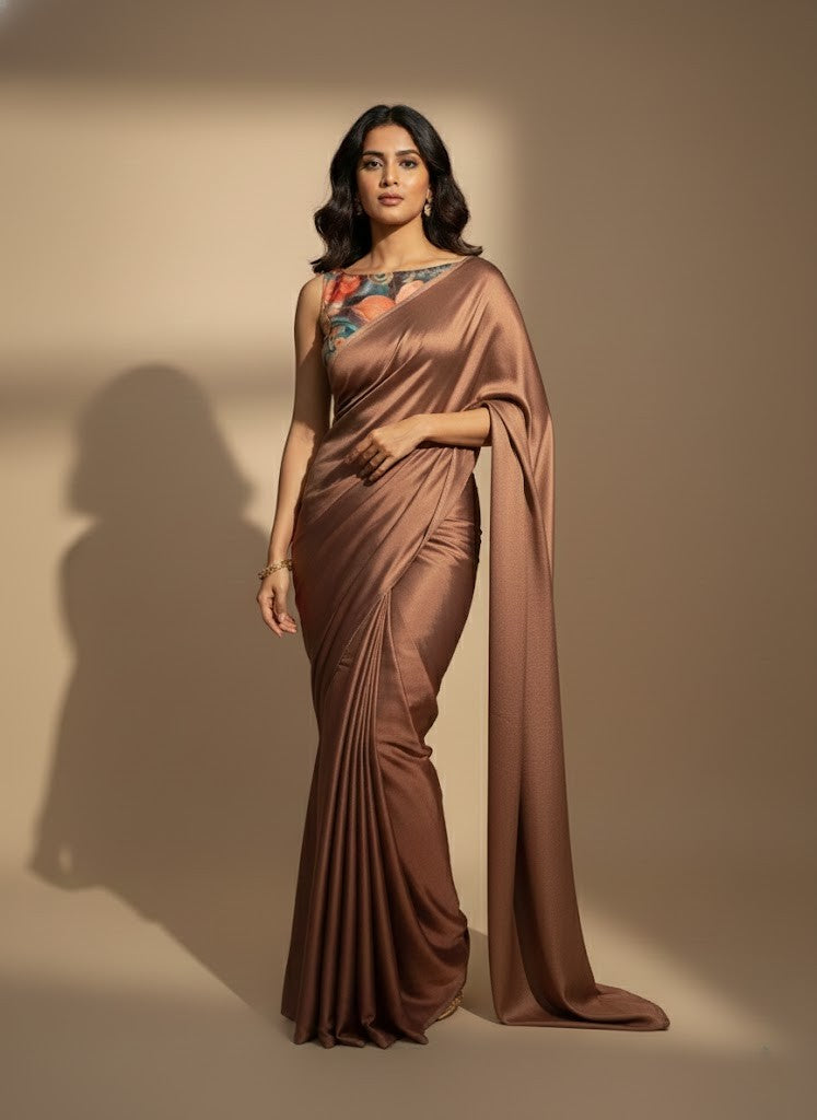 Brown Satin Chiffon Saree