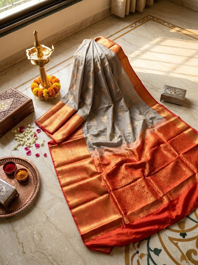 Grey and Orange Art Silk Saree