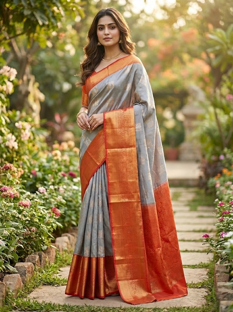 Grey and Orange Art Silk Saree