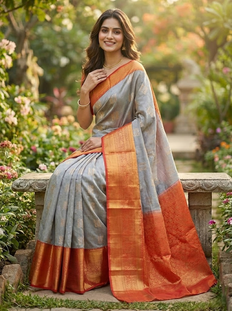Grey and Orange Art Silk Saree