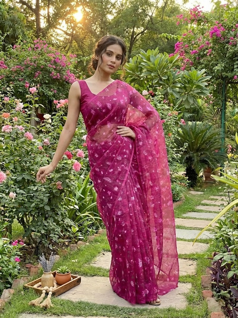 Dark Pink Floral Mul Chanderi Saree