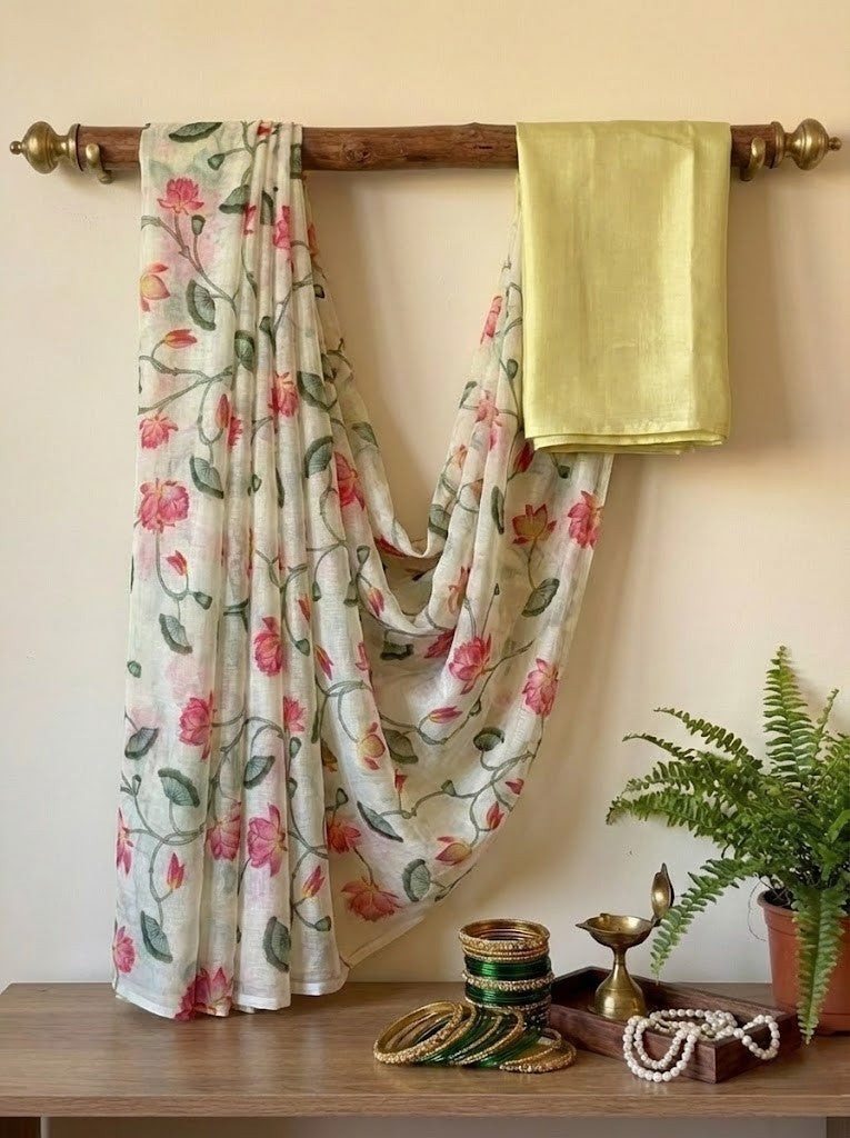 Yellow Pichwai Print Mul Chanderi Saree