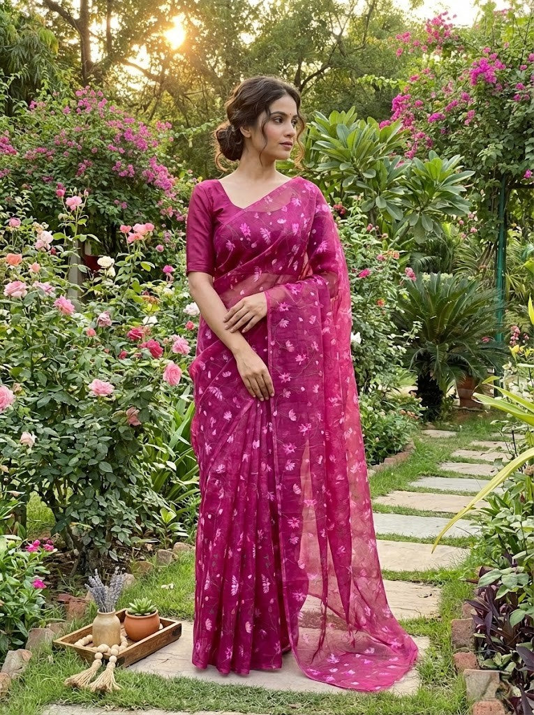 Dark Pink Floral Mul Chanderi Saree