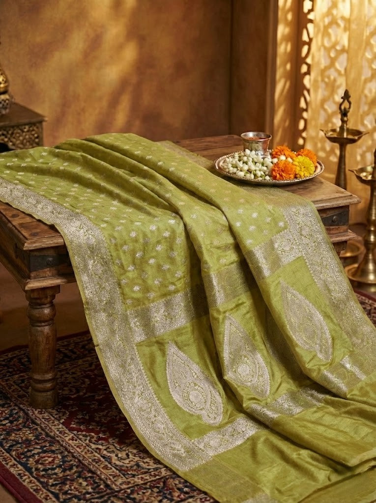 Mehendi Green Silk Saree With Silver Zari Work