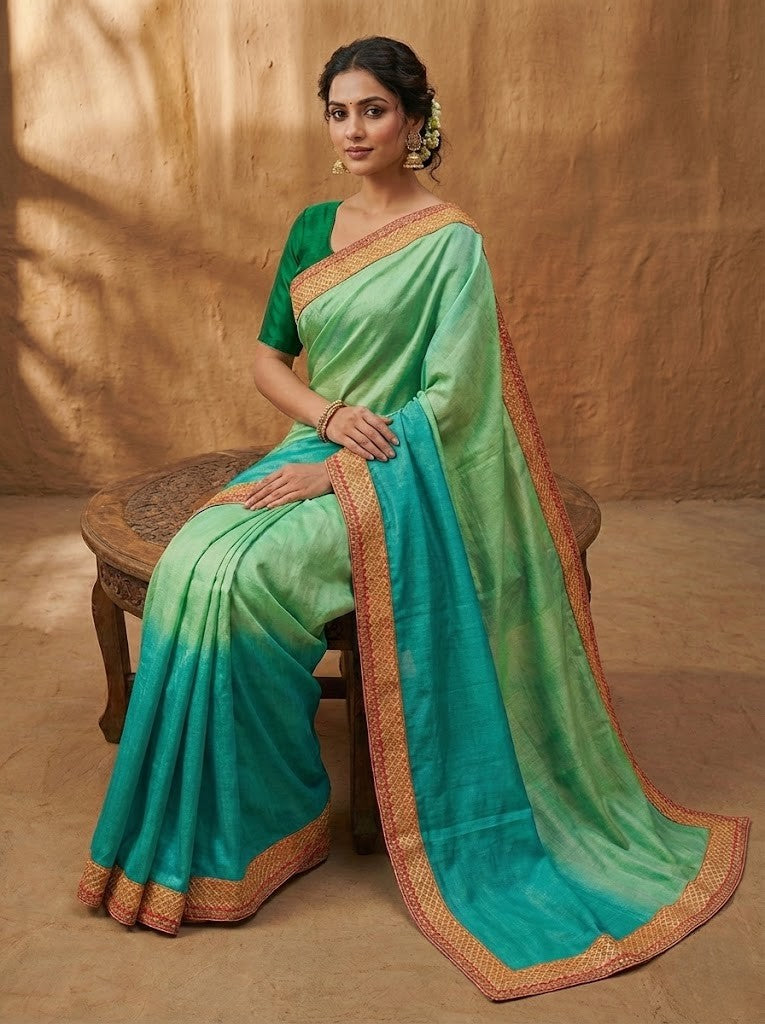 Rama Green Ombre Tussar Silk Saree