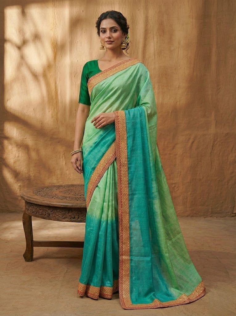 Rama Green Ombre Tussar Silk Saree
