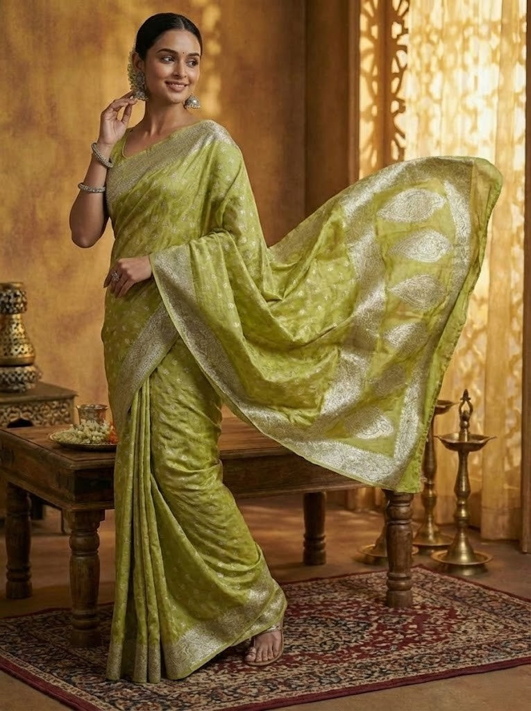 Mehendi Green Silk Saree With Silver Zari Work
