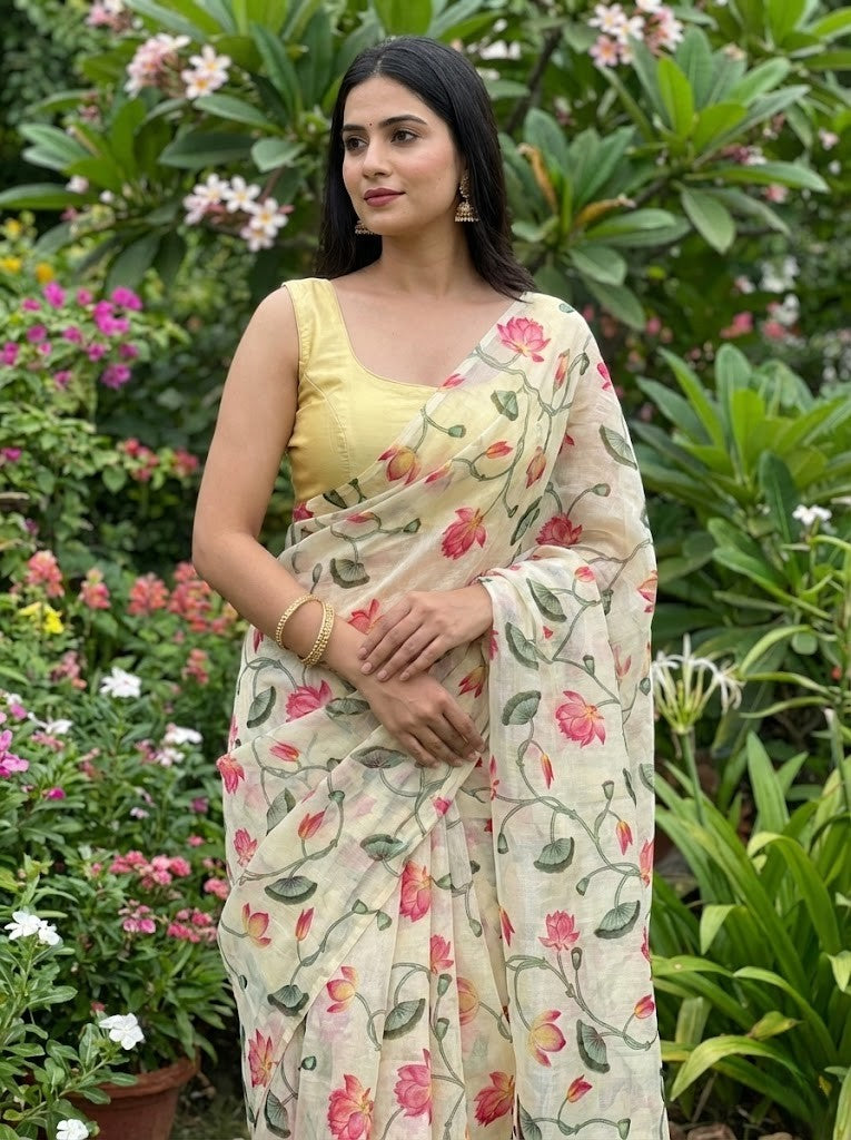 Yellow Pichwai Print Mul Chanderi Saree