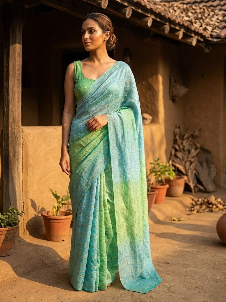 Green Blue Ombre Chanderi Silk Saree