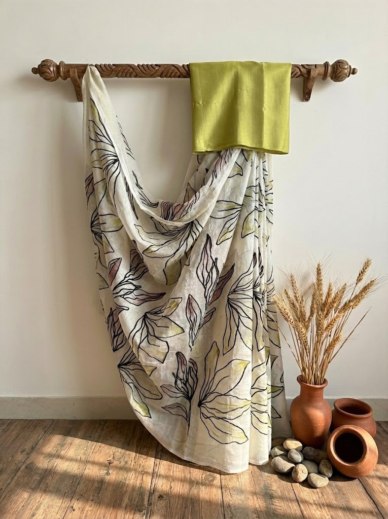 Ivory Mul Chanderi Saree With Embroidery Detailing